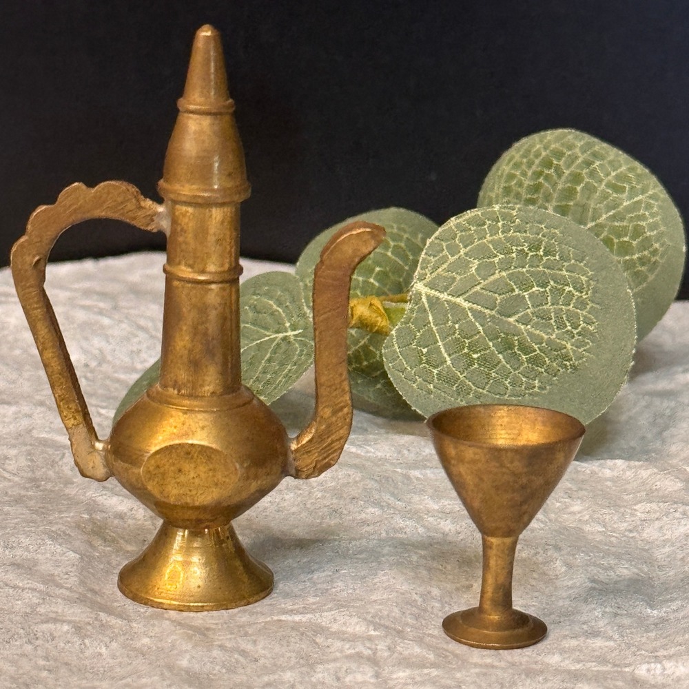 Vintage Miniature Brass Dallah Coffee Pot and Goblet Set Middle Eastern Decor